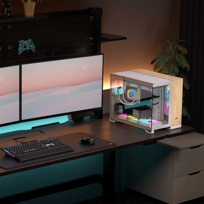 Corsair 2500X Micro-ATX kompiuterio korpusas, Tempered Glass - baltos spalvos/bamboo wood