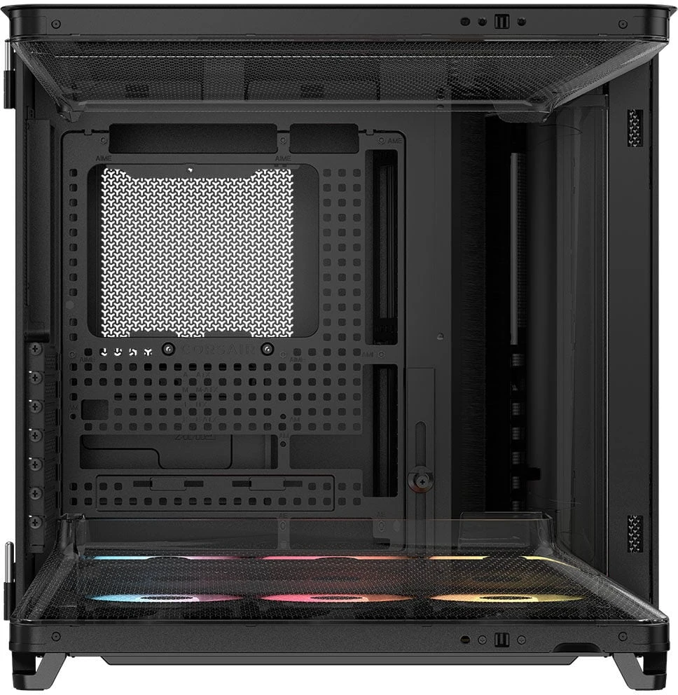 „Corsair AIR 5400 RS-R ARGB“ korpusas, vidutinio dydžio bokštas, grūdintas stiklas, RGB ir juodas, komplekte yra 3 x 120 mm ventiliatoriai