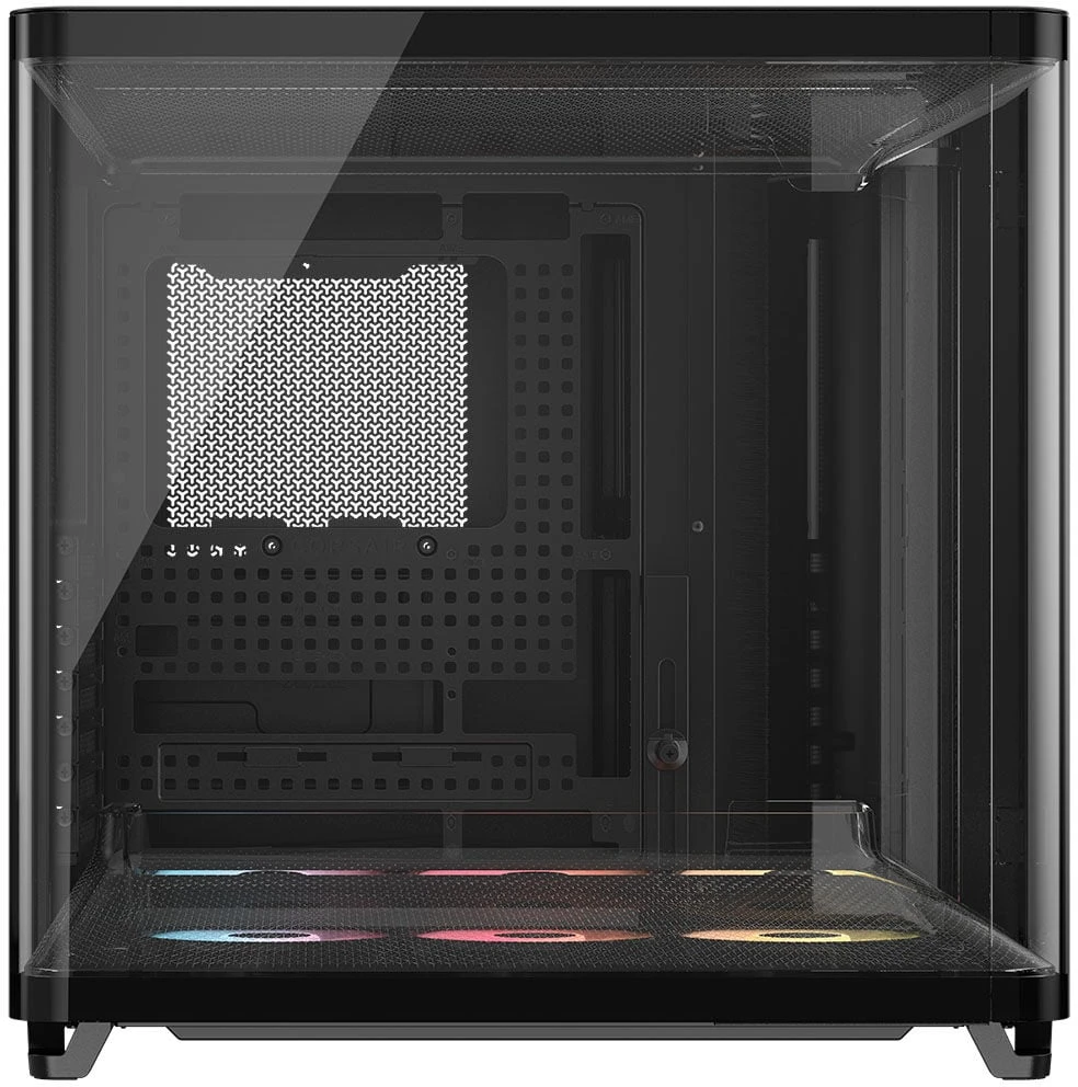 „Corsair AIR 5400 RS-R ARGB“ korpusas, vidutinio dydžio bokštas, grūdintas stiklas, RGB ir juodas, komplekte yra 3 x 120 mm ventiliatoriai