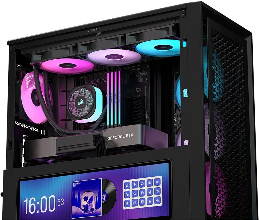 CORSAIR FRAME 4000D LCD RS kompiuterio korpusas, vidutinio dydžio bokštas, ATX, ARGB, grūdintas stiklas – Juodas