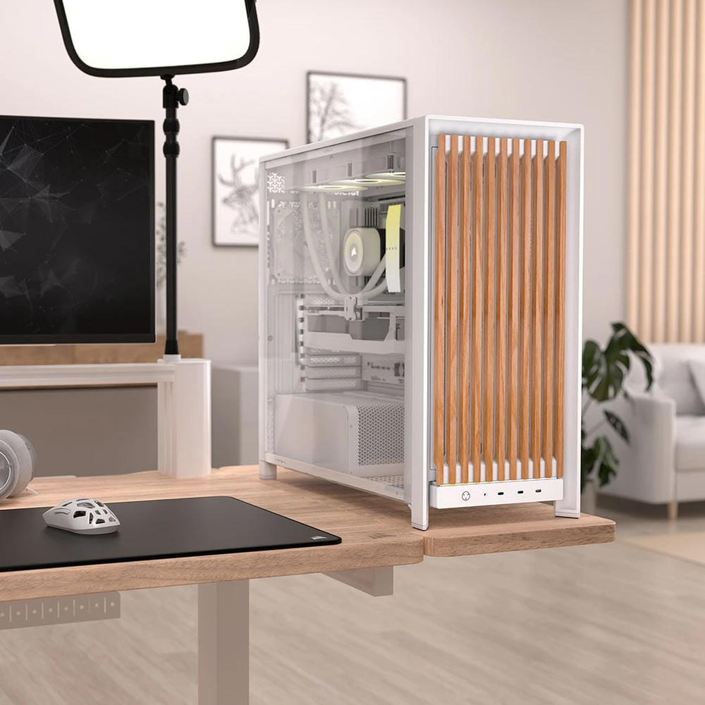 Corsair Microsystems Corsair FRAME 5000D WOOD RS, Midi Tower korpusas, PC, Riešutas, Balta, ATX, EATX, micro ATX, Mini-ITX, Plastikas, Plienas, Grūdintas stiklas, Žaidimams