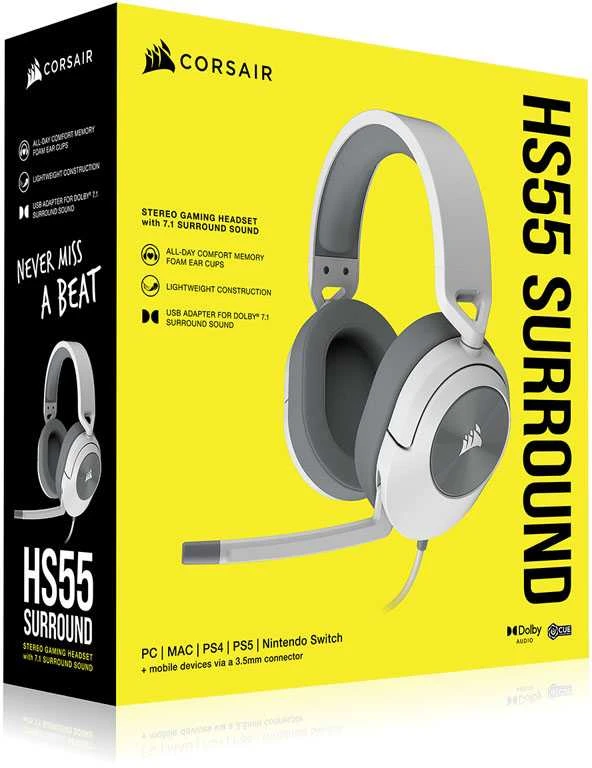 Corsair HS55 žaidimų ausinės, su laidu, su mikrofonu, Baltos