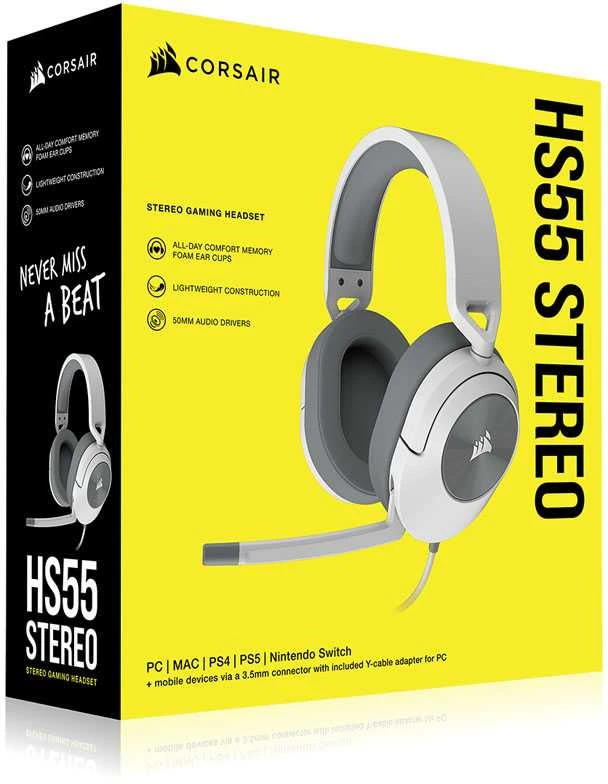 Corsair HS55  Stereo Ausinės Žaidimams mikrofonu, Baltos, su laidu, Noice canceling