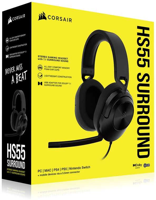 Žaidimų ausinės Corsair HS55 Surround Headset Carbon, Juodos