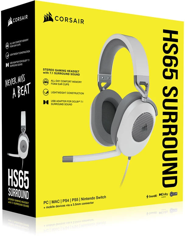 Corsair HS65 erdvinio garso ausinės, Su laidu, Baltos