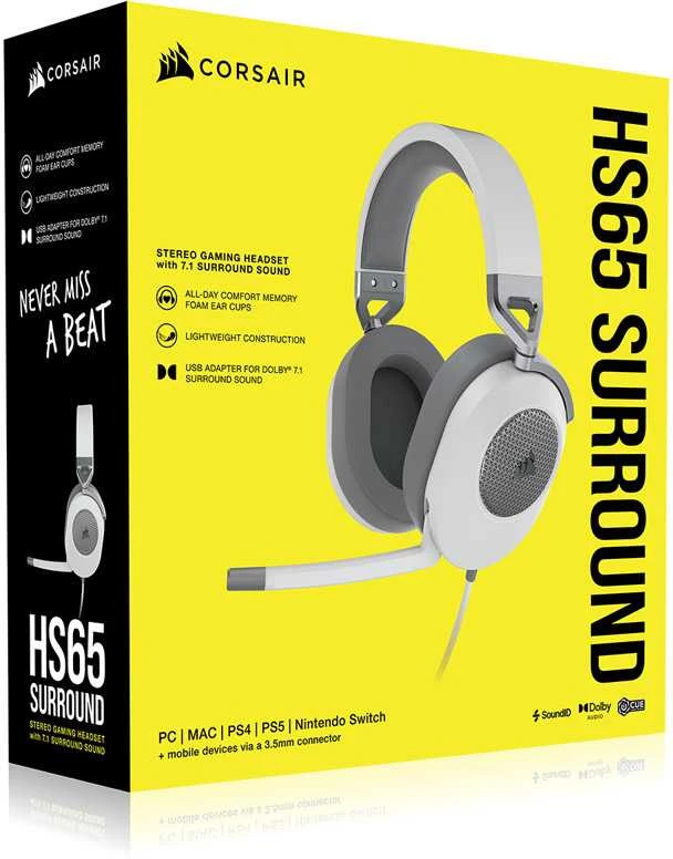 Corsair HS65 erdvinio garso ausinės, Su laidu, Baltos