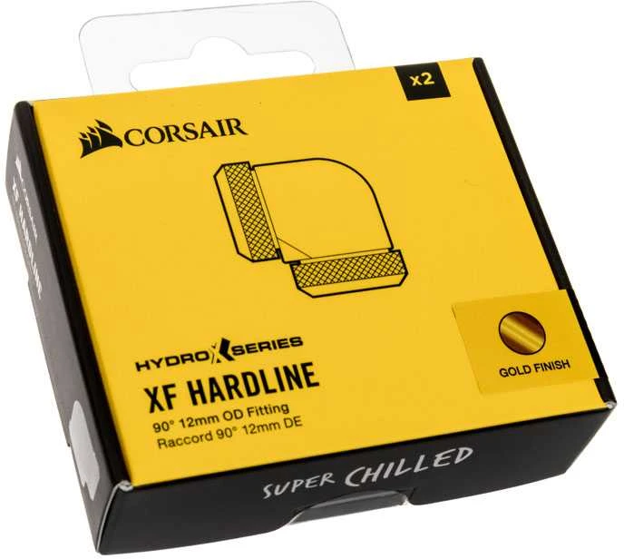 Corsair „Hydro X“ serijos XF kietojo vamzdžio adapteris 90 laipsnių 12 mm išorinio skersmens ir 12 mm išorinio skersmens kietajam vamzdžiui – 2 vnt. pakuotėje, auksinis