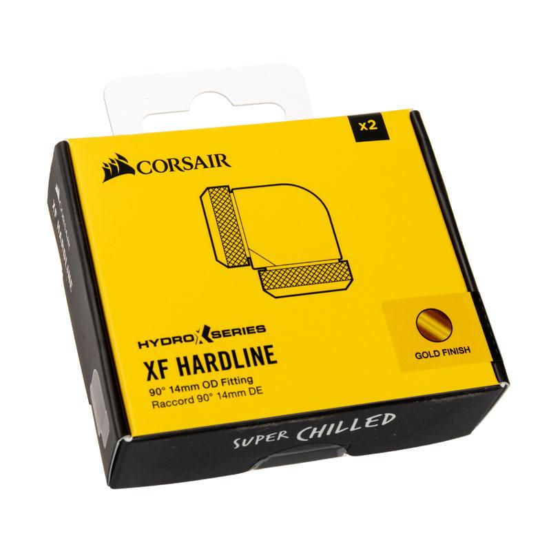 Corsair „Hydro X“ serijos XF kietojo vamzdžio adapteris 90 laipsnių kampu nuo 14 mm išorinio skersmens iki 14 mm išorinio kietojo vamzdžio – 2 vnt. pakuotėje, auksinis