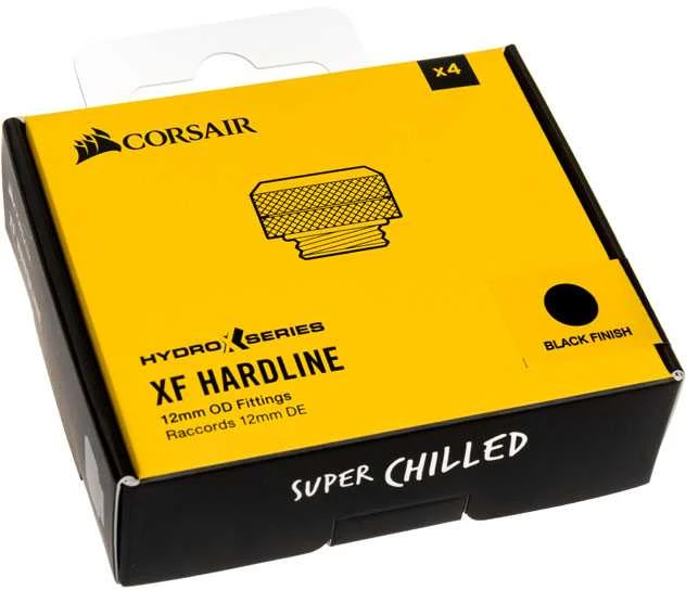 Corsair „Hydro X“ serijos XF kietos linijos jungtis, tiesi G1/4 colio iki 12 mm išorinio skersmens kieto vamzdžio – 4 vnt. pakuotėje, juodas