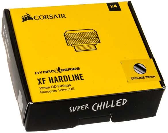 Corsair „Hydro X“ serijos XF kietos linijos jungtis, tiesi G1/4 colio iki 12 mm išorinio skersmens kieto vamzdžio – 4 vnt. pakuotėje, chromuota