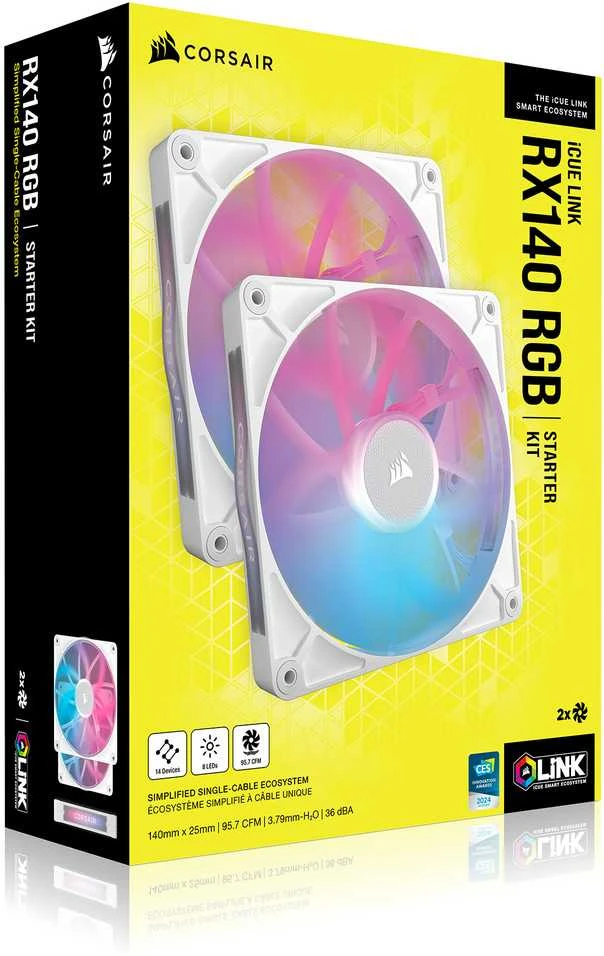 Corsair iCUE LINK RX140 RGB Series, PWM korpuso ventiliatorius 2er Pack – 140mm, baltos spalvos