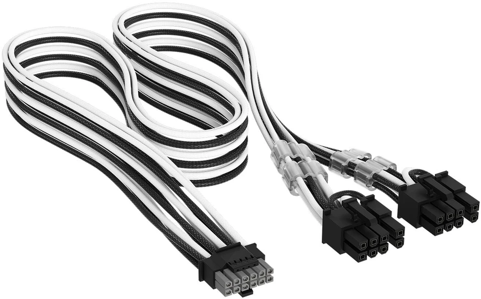 „Corsair Premium Sleeved 12V-2×6“ į 2x 6+2 kontaktų PCIe kabelis, universalus – Juodas/Baltas