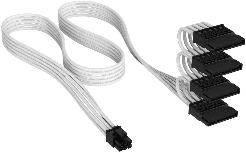 „Corsair Premium Sleeved 4x SATA“ maitinimo kabeliai, skirti 5 tipo maitinimo šaltiniams – Baltas