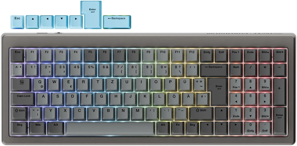 Ducky Cushion 98 Klaviatūra žaidimams, 96%, DE išdėstymas (ISO), Shush Žalias Switches - Nickel