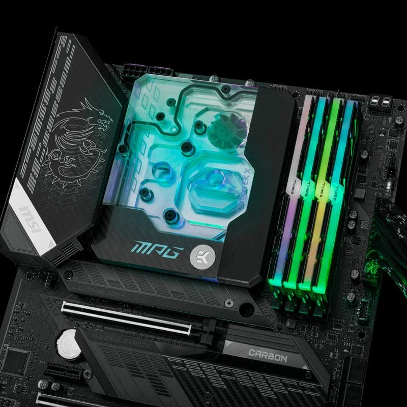 EK-Quantum Momentum vandens blokas ant MSI Z590 plokštės
