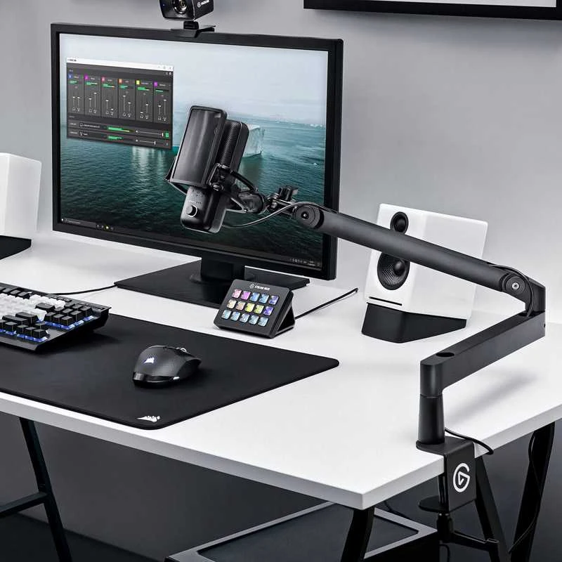 Elgato | Wave Mic Arm | 10AAN9901 | Viršutinės rankos darbo stalo prošvaisa (160 mm); Apatinės rankos darbo stalo prošvaisa (70 mm); Horizontalus siekis (740 mm); Vertikalus sukimas (90 ° aukštyn / 60 ° žemyn (alkūnė); Stalinis spaustukas išplečiamas iki 60 mm | Žemas profilis