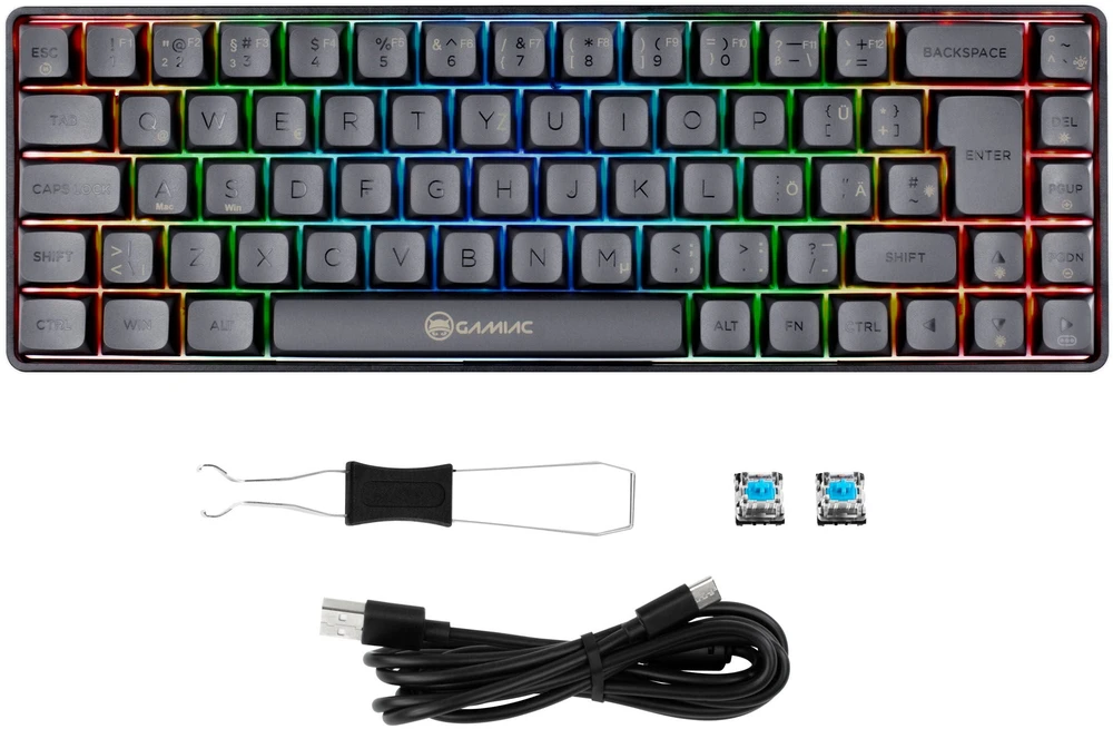 Mėlyna GAMIAC TKL69G SF Klaviatūra žaidimams, Kailh Mėlyna - juodas/pilkas