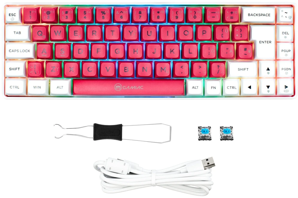 Mėlyna GAMIAC TKL69G SF Klaviatūra žaidimams, Kailh Mėlyna - baltas/red