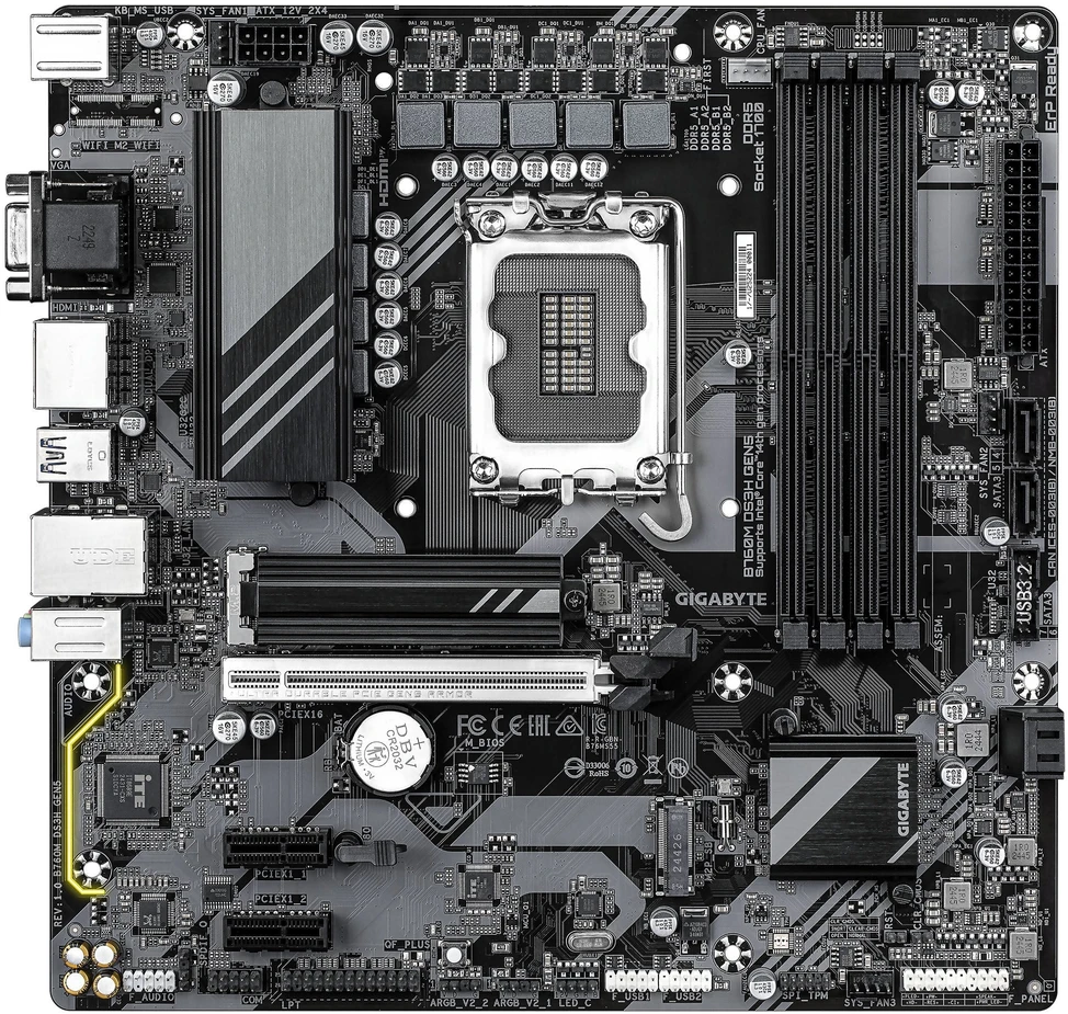 Pagrindinė plokštė „Gigabyte B760M DS3H GEN5“ | Procesorių šeima „Intel“ | Procesoriaus lizdas LGA1700 | Palaikomos standžiojo disko sąsajos SATA, M.2 | SATA jungčių skaičius: 4