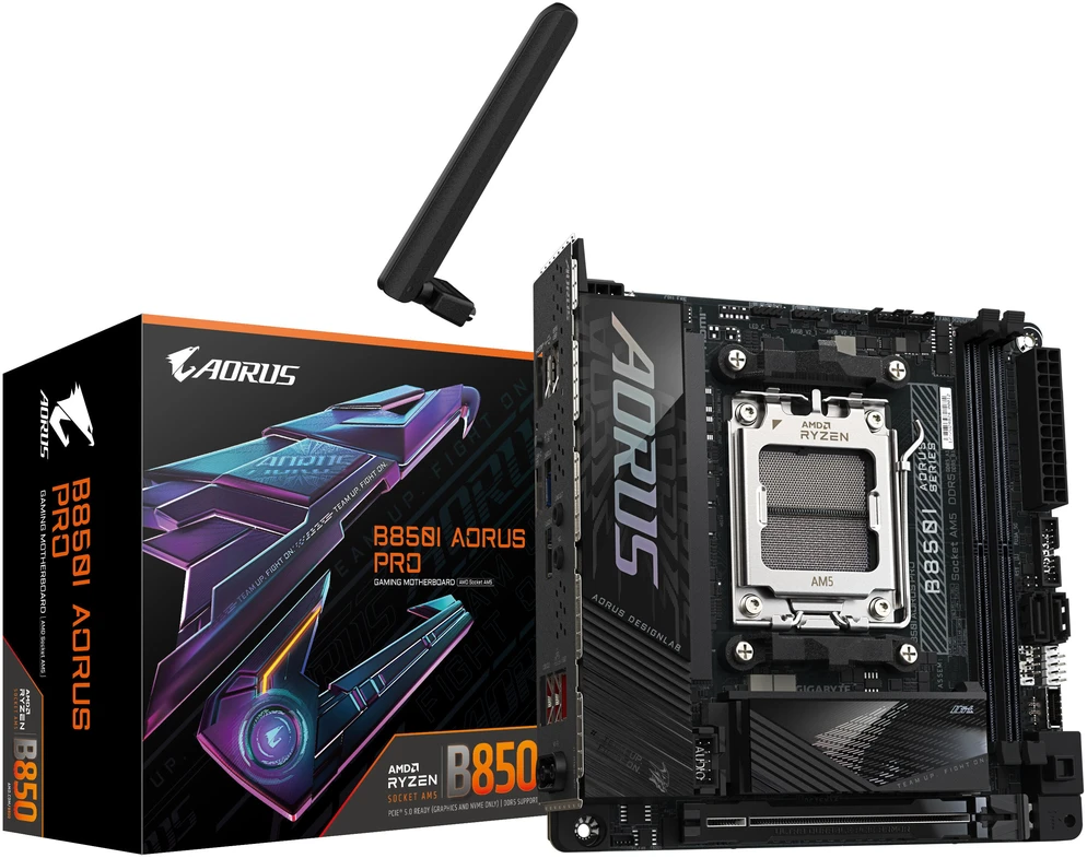 Pagrindinė plokštė Gigabyte B850I AORUS PRO | Procesorių šeima AMD | Procesoriaus lizdas AM5 | DDR5 | Palaikomos standžiojo disko sąsajos SATA, M.2 | SATA jungčių skaičius 2