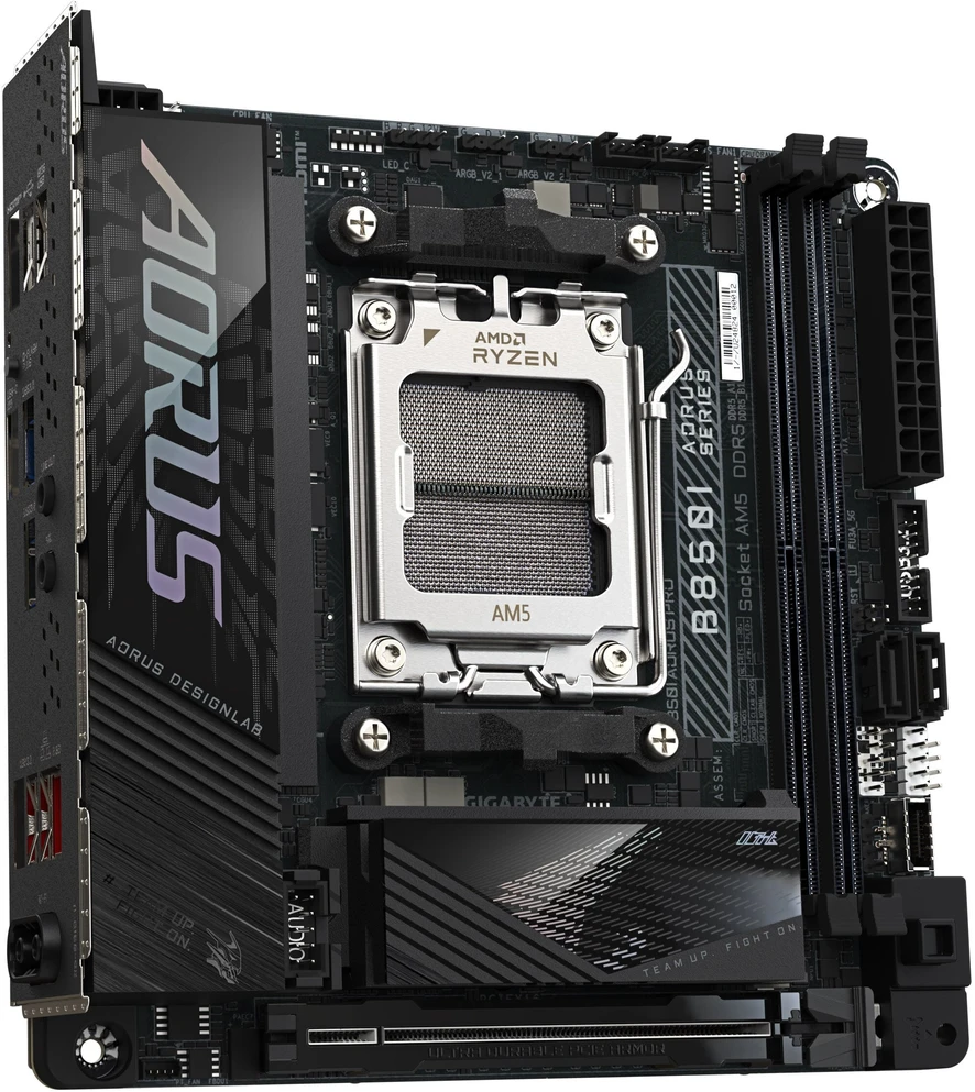Pagrindinė plokštė Gigabyte B850I AORUS PRO | Procesorių šeima AMD | Procesoriaus lizdas AM5 | DDR5 | Palaikomos standžiojo disko sąsajos SATA, M.2 | SATA jungčių skaičius 2