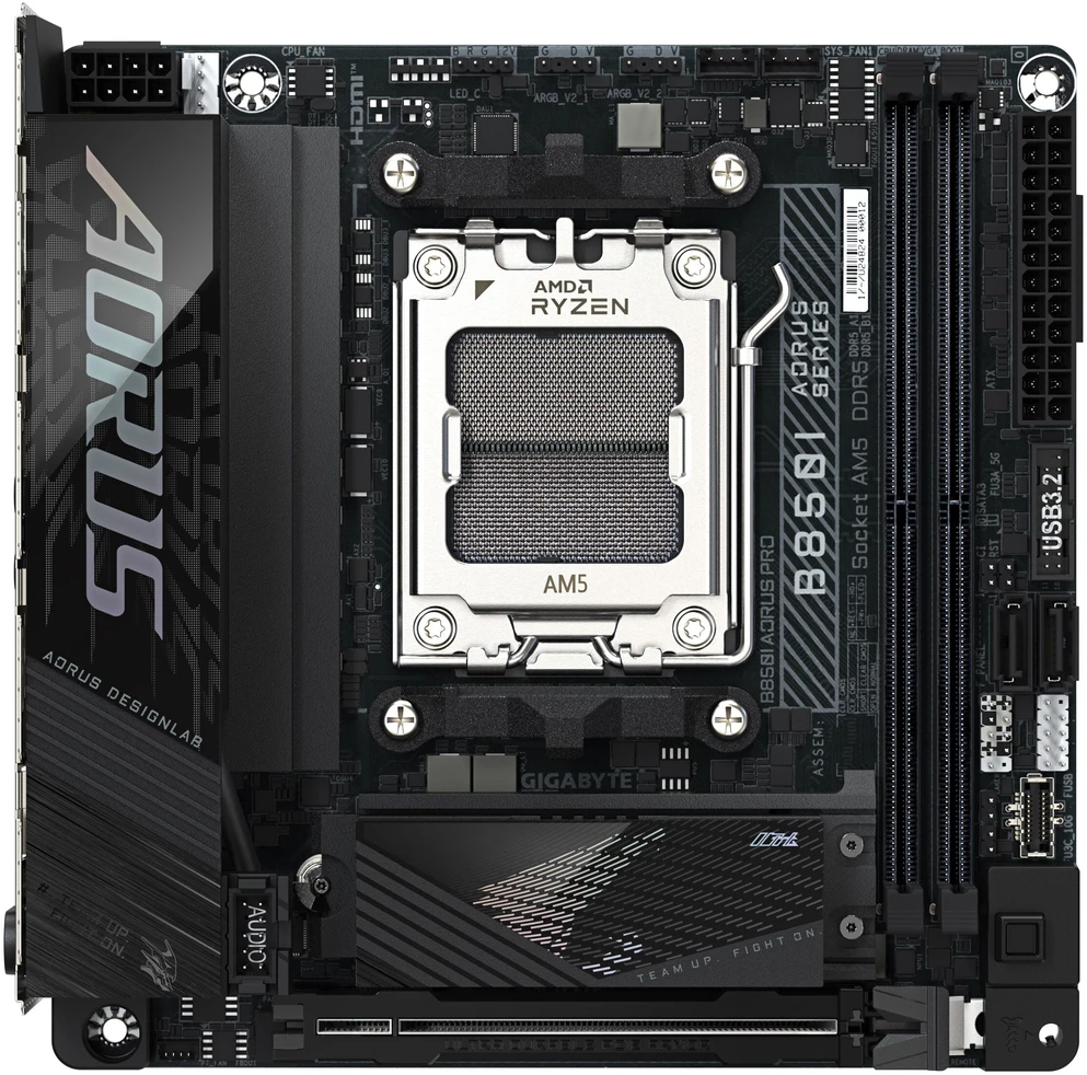 Pagrindinė plokštė Gigabyte B850I AORUS PRO | Procesorių šeima AMD | Procesoriaus lizdas AM5 | DDR5 | Palaikomos standžiojo disko sąsajos SATA, M.2 | SATA jungčių skaičius 2