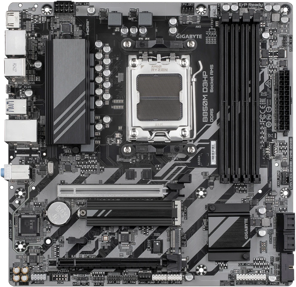 Pagrindinė plokštė GIGABYTE B850M D3HP Motherboard - AMD Ryzen 9000 Series CPUs, 5+2+2 Phases Digital VRM, iki 8200MHz DDR5 (OC), 1xPCIe 5.0 + 1xPCIe 4.0 M.2, GbE LAN, USB 3.2 Gen 2