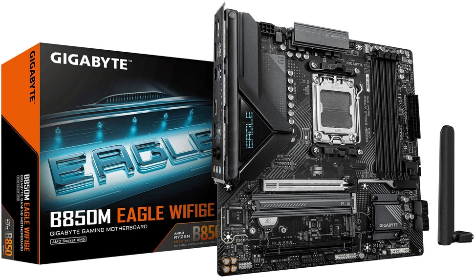 Pagrindinė plokštė „Gigabyte B850M EAGLE WF6E“ | Procesorių šeima AMD | Procesoriaus lizdas AM5 | DDR5 | Palaikomos kietojo disko sąsajos SATA, M.2 | SATA jungčių skaičius 4