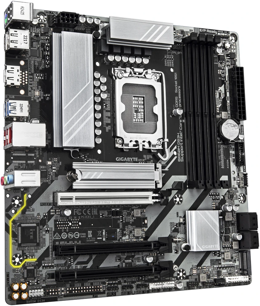 GIGABYTE B860M DS3H pagrindinė plokštė – Intel Core Ultra serijos procesoriai, 5+1+2+1 fazių VRM, iki 9066MHz DDR5, 1xPCIe 5.0 + 1xPCIe 4.0 M.2, 2.5GbE LAN, USB 3.2 Gen2