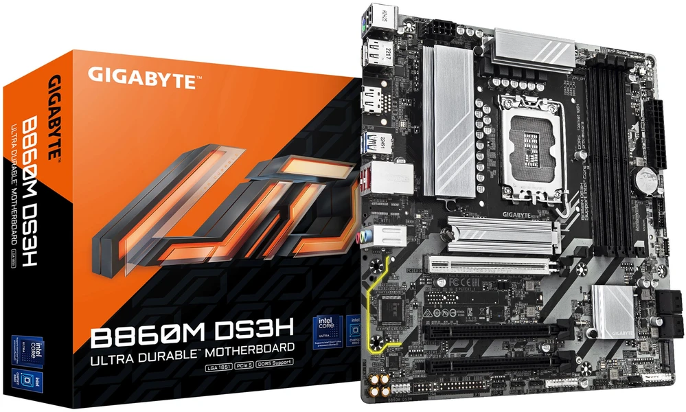 GIGABYTE B860M DS3H pagrindinė plokštė – Intel Core Ultra serijos procesoriai, 5+1+2+1 fazių VRM, iki 9066MHz DDR5, 1xPCIe 5.0 + 1xPCIe 4.0 M.2, 2.5GbE LAN, USB 3.2 Gen2