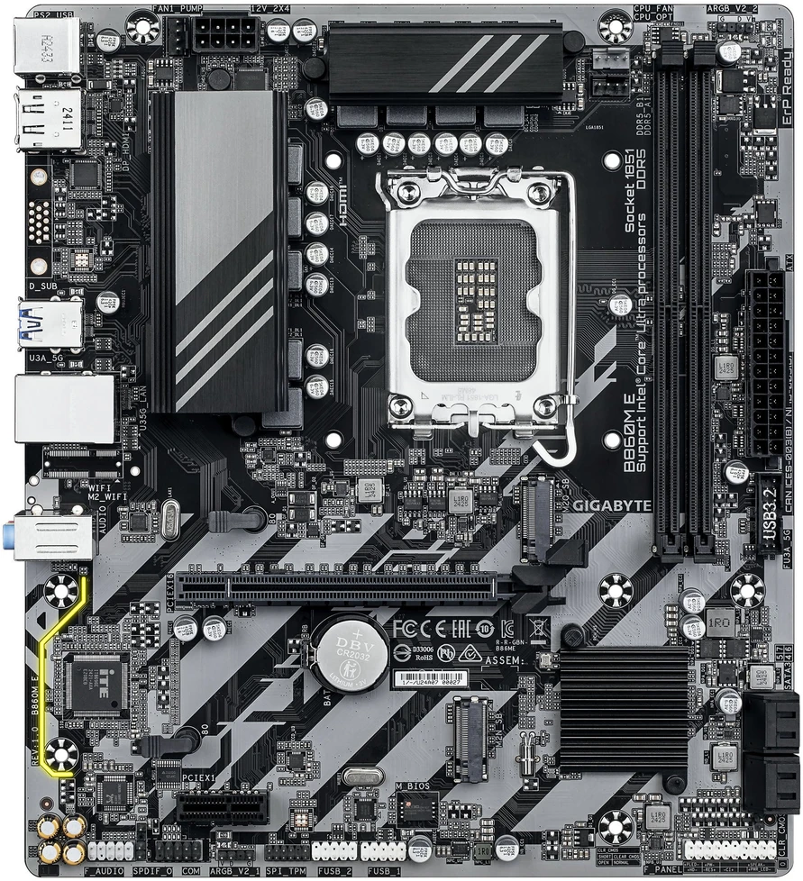 Pagrindinė plokštė „Gigabyte B860M E“ | Procesorių šeima „Intel“ | Procesoriaus lizdas LGA1851 | DDR5 | Palaikomos standžiojo disko sąsajos SATA, M.2 | SATA jungčių skaičius: 4