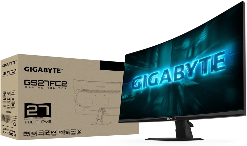 „GIGABYTE GS27FC2“ 27 colių FHD lenktas žaidimų monitorius – 1920 x 1080, 240 Hz, 1,350 cd/m², HDR Ready, HDMI 2.0, DisplayPort 1.4