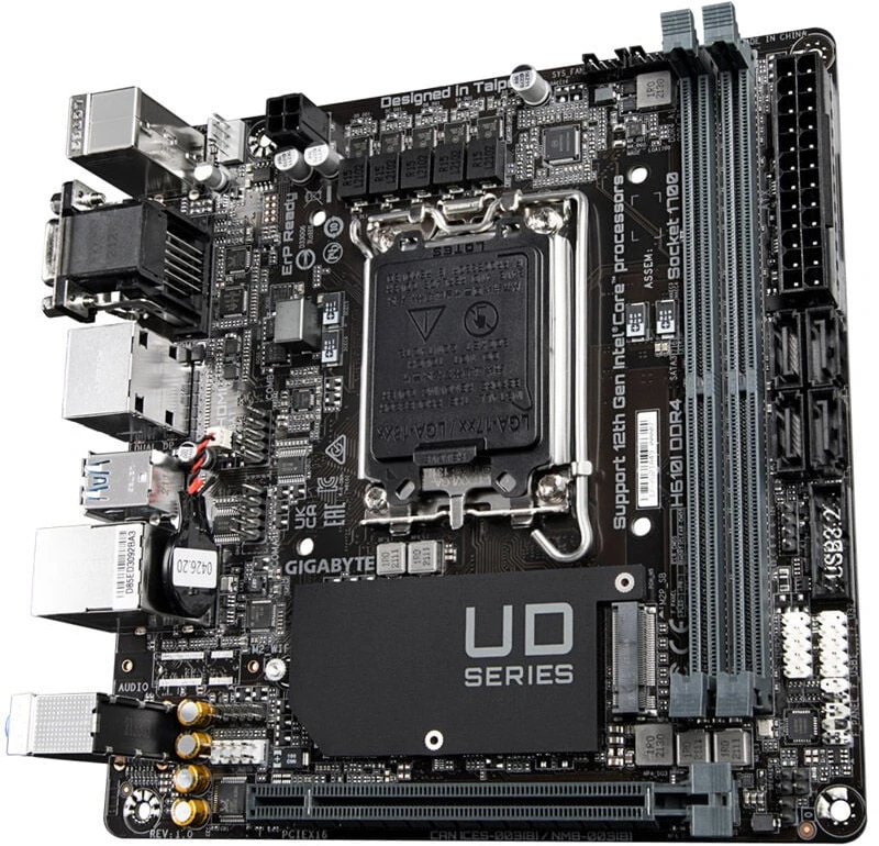 Pagrindinė plokštė Gigabyte Gigabaitas | H610I DDR4 1,0 M/B | Procesorių šeima Intel | Procesoriaus lizdas LGA1700 | DDR4 DIMM | Atminties lizdai 2 | Palaikomos standžiojo disko sąsajos SATA, M.2 | SATA jungčių skaičius 4 | Mikroschemų rinkinys Intel H610 Express | Mini-ITX