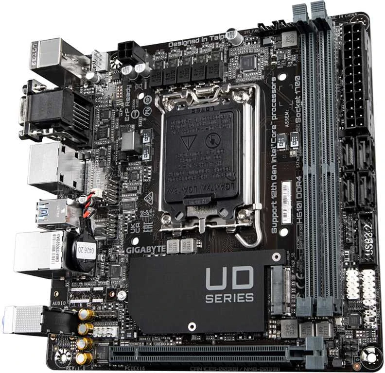 Pagrindinė plokštė Gigabyte Gigabaitas | H610I DDR4 1,0 M/B | Procesorių šeima Intel | Procesoriaus lizdas LGA1700 | DDR4 DIMM | Atminties lizdai 2 | Palaikomos standžiojo disko sąsajos SATA, M.2 | SATA jungčių skaičius 4 | Mikroschemų rinkinys Intel H610 Express | Mini-ITX