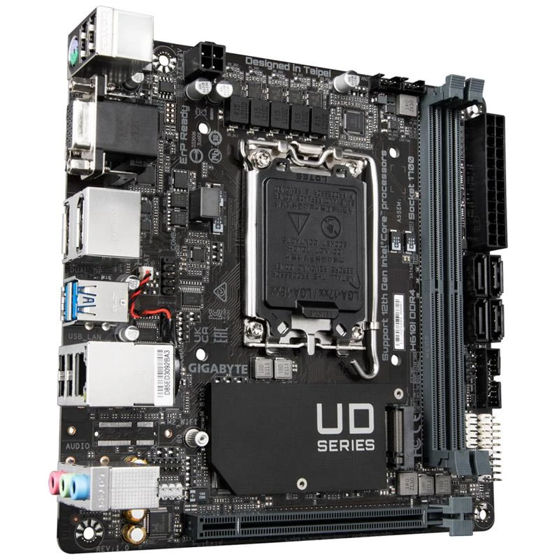 Pagrindinė plokštė Gigabyte Gigabaitas | H610I DDR4 1,0 M/B | Procesorių šeima Intel | Procesoriaus lizdas LGA1700 | DDR4 DIMM | Atminties lizdai 2 | Palaikomos standžiojo disko sąsajos SATA, M.2 | SATA jungčių skaičius 4 | Mikroschemų rinkinys Intel H610 Express | Mini-ITX