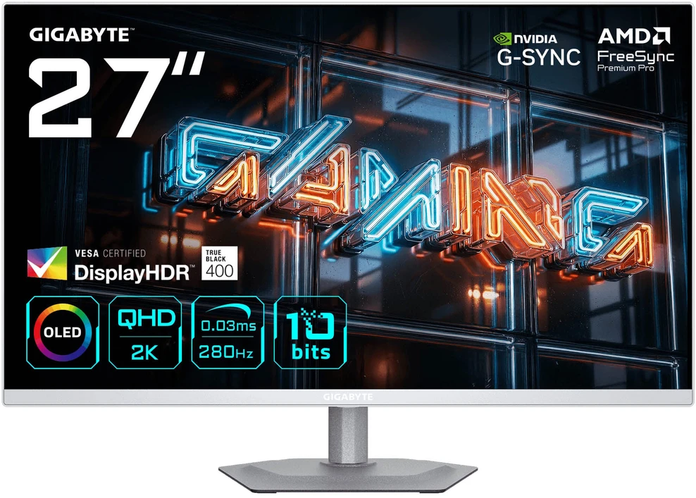 „GIGABYTE MO27Q2A ICE“ 27 colių OLED 2K QHD žaidimų monitorius – 2560 x 1440, 280 Hz, 0,03 ms, 250 cd/m², „FreeSync Premium Pro“, „DisplayHDR True Juodas 400“, HDMI 2.1, „Displayport 1.4“