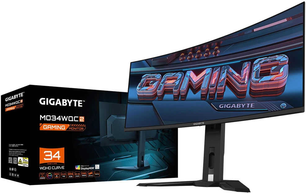 Monitorius Gigabyte | MO34WQC2 EK1 | 34" | OLED | WQHD | 240 Hz | 0,03 ms | 3440 x 1440 pikselių | 250 cd/m² | HDMI jungčių kiekis: 2