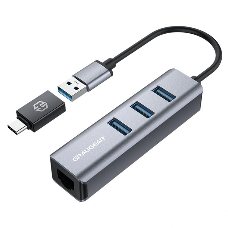 Graugear GRAUGEAR USB HUB USB-HUB 3x USB 3.0 prievadai Type-A+ Gbit LAN mažmeninė prekyba