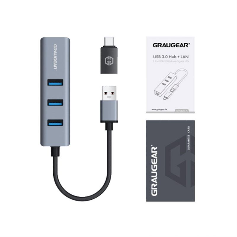 Graugear GRAUGEAR USB HUB USB-HUB 3x USB 3.0 prievadai Type-A+ Gbit LAN mažmeninė prekyba