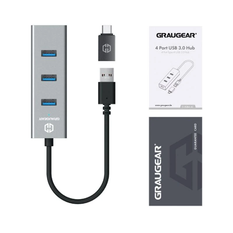 Graugear Pilkas USB Hub, 4 jungtys, including USB-C adapter