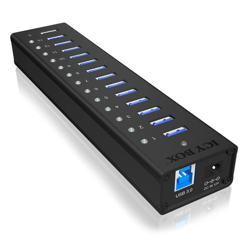 ICY BOX IB-AC6113 13x prievadas USB 3.0 šakotuvas su USB įkrovimo prievadu Juodas