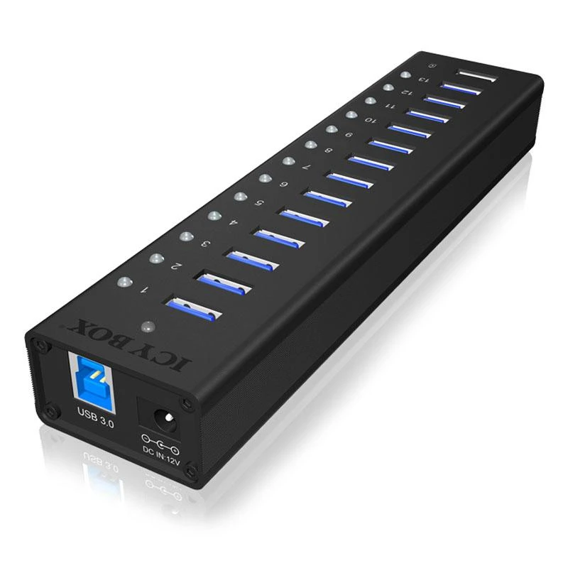 ICY BOX IB-AC6113 13x prievadas USB 3.0 šakotuvas su USB įkrovimo prievadu Juodas