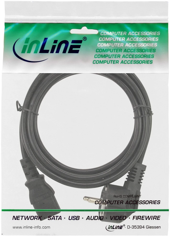„InLine“ maitinimo kabelis, kampinis „Schuko“ kištukas su C13 jungtimi, juodas