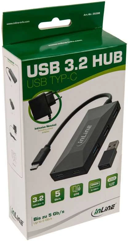 InLine USB 3.2 Gen 1 HUB USB Type-C iki 3 prievadų Type-A ir 2 Type-C su 3A maitinimo šaltiniu, juodas