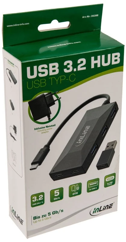 InLine USB 3.2 Gen 1 HUB USB Type-C iki 3 prievadų Type-A ir 2 Type-C su 3A maitinimo šaltiniu, juodas