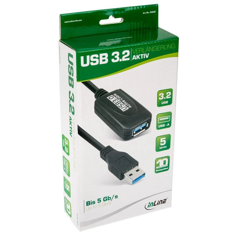 InLine USB-A 3.2 Gen.1 plėtinys, USB-A į USB-A, juodas - 5 m