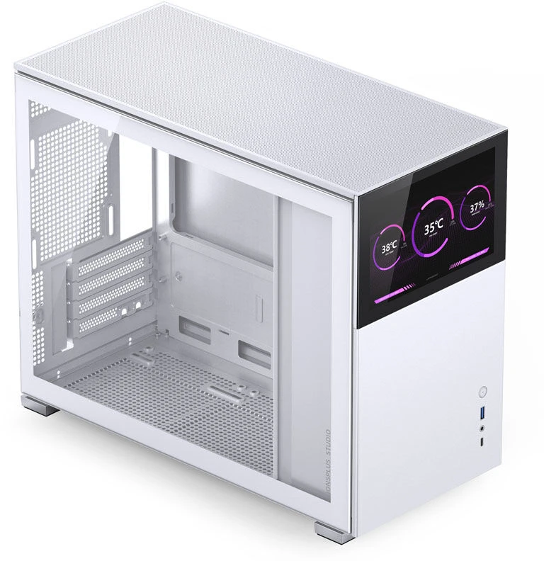 Jonsbo D31 ekrano Micro–ATX korpusas, grūdintas stiklas – balta