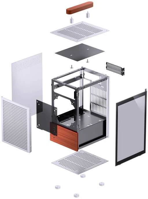 Jonsbo T6 kompiuterio korpusas, Mini-Tower, Mini-ITX, grūdintas stiklas, mediena – Sidabrinis