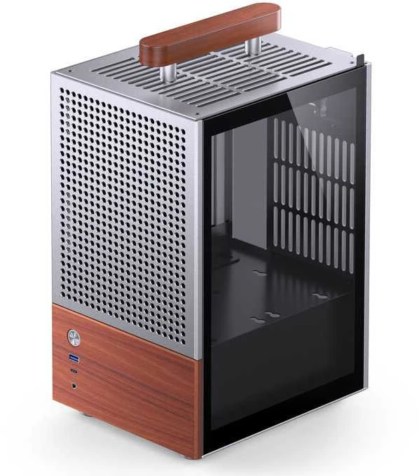Jonsbo T6 kompiuterio korpusas, Mini-Tower, Mini-ITX, grūdintas stiklas, mediena – Sidabrinis