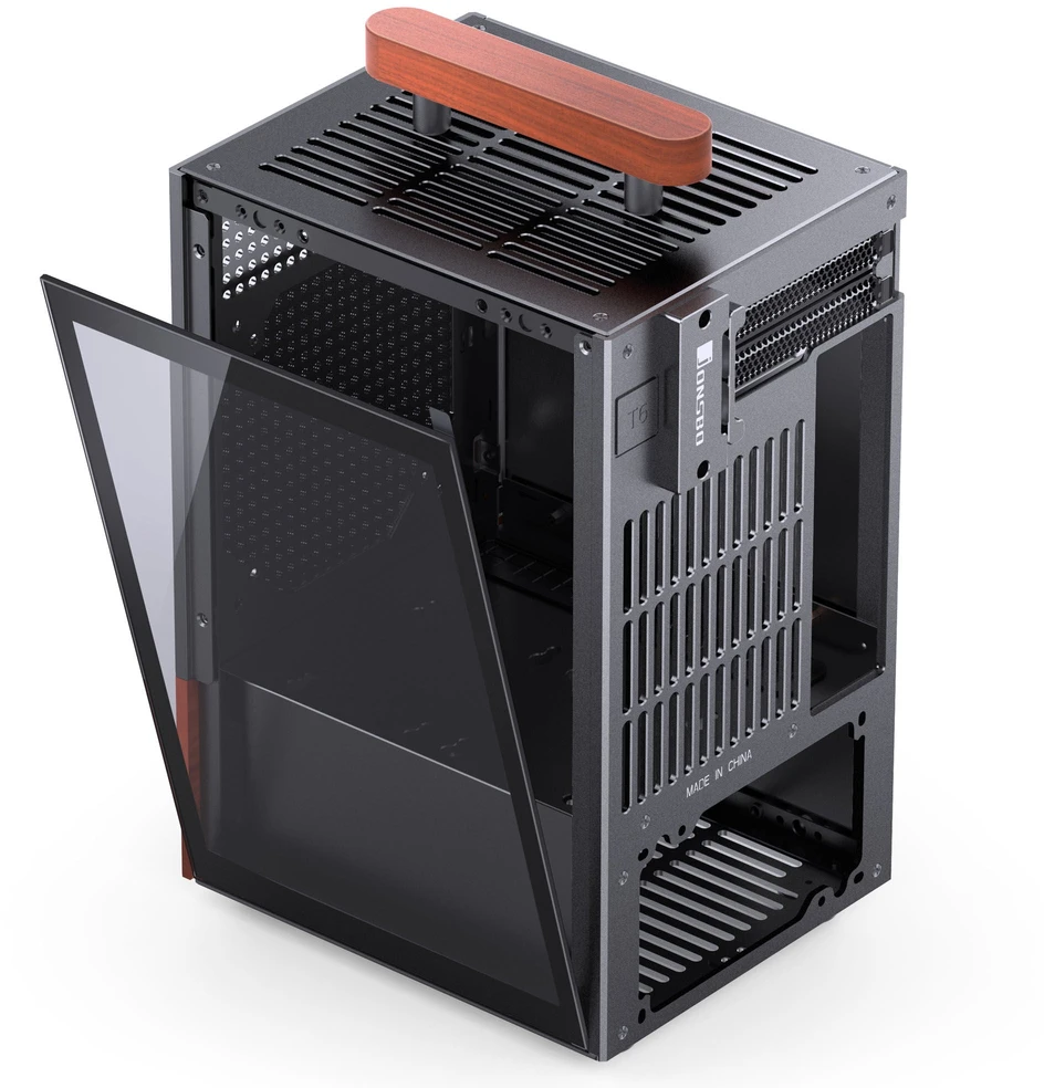 Jonsbo T6 kompiuterio korpusas, Mini-Tower, Mini-ITX, grūdintas stiklas, mediena – Juodas